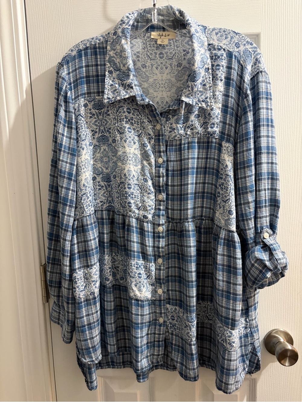 Style & Co. Blue Patchwork Plaid and Floral Button-Down Shirt
